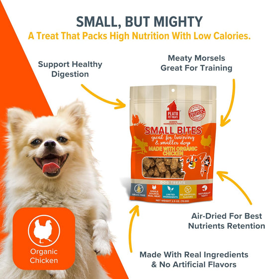Plato Small Bites Dog Treats, Natural Bite Sized Real Meat & Chicken Flavor, Grain Free & High In Protein, Air Dried Authentic Ingredients, 2 Calories Per Treat, Made In The Usa, 2.5 Ounces