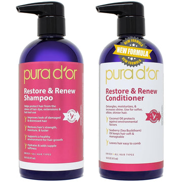 PURA D'OR Restore & Renew Shampoo and Conditioner Set For Strong, Healthy, and Nourished Hair with Organic Aloe Vera, Rosemary Oil, Sea Buckthorn, Cacay Oil, Coconut Oil, Seaberry Oil & Cedarwood Oil