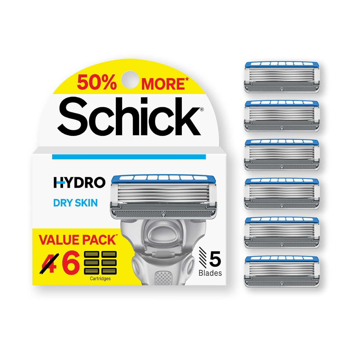 Schick Hydro Dry Skin Razor Refills, 6ct | Razor Blades Refills, Razor Blades for Men, Shaving Blades for Men, Hydro Razor Blades Refill, 5 Blade Razor Men, 6 Refills