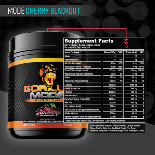 Gorilla Mind Pre Workout - Massive Pumps Laser Focus Energy Power - L-Citrulline, Creatine, L-Tyrosine, Betaine, Hydroprime, Alpha-Gpc, 400Mg Caffeine, Huperzine A 786G (Cotton Candy Grape)