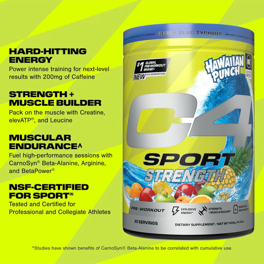 Cellucor C4 Sport Strength Pre Workout Powder - Nsf Certified For Sport - Beta-Alanine, Creatine, 200Mg Caffeine - Sugar Free Energy Supplement For Men & Women - Hawaiian Punch Berry Blue, 20 Servings