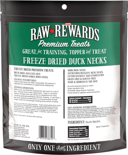 Northwest Naturals Raw Rewards Freeze-Dried Duck Neck Treats for Dogs and Cats - Whole Neck - Healthy, 1 Ingredient, Human Grade Pet Food, All Natural - 5 Oz (Packaging May Vary)