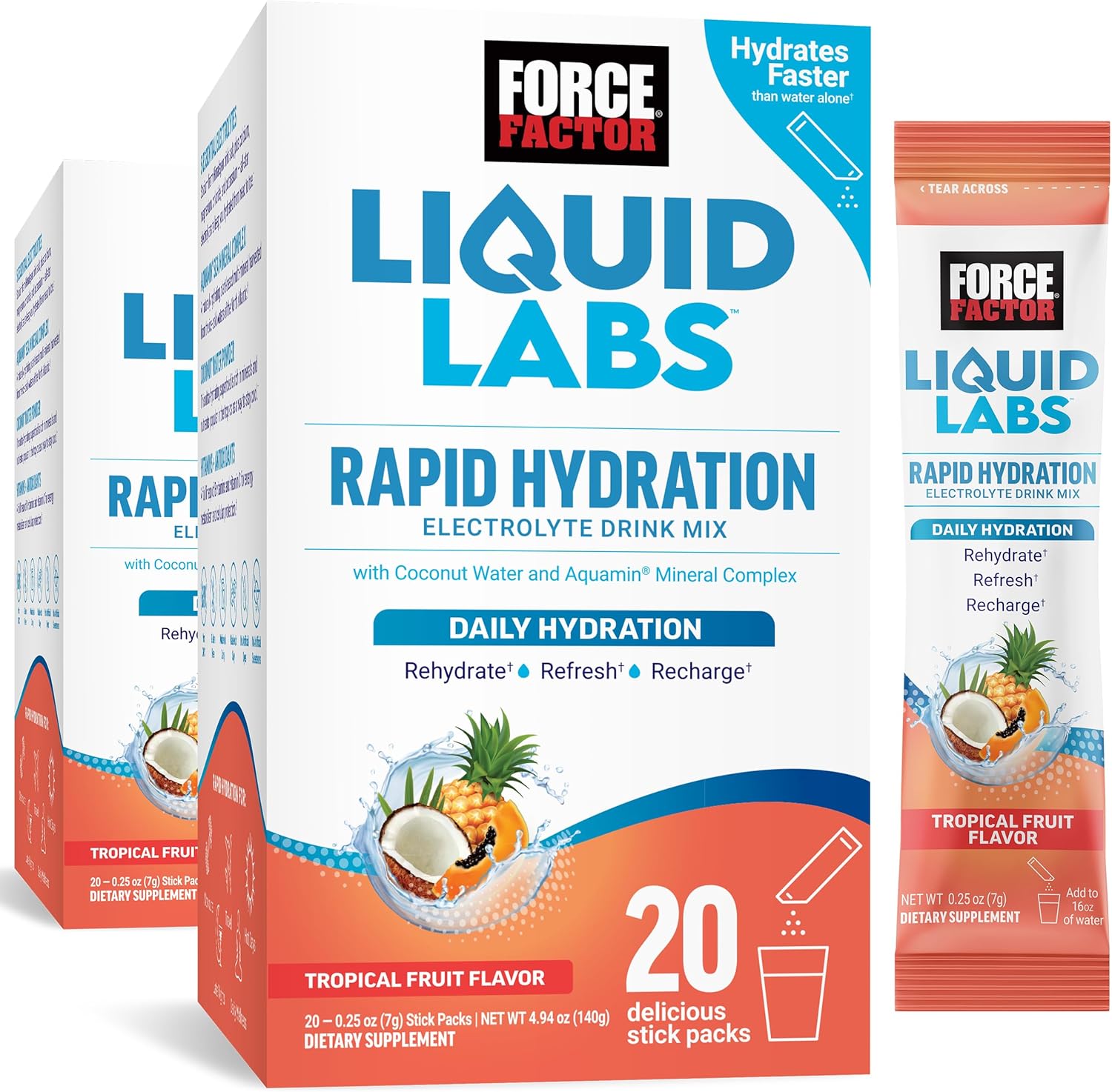 Force Factor Liquid Labs Electrolytes Powder, Hydration Packets To Make Electrolyte Water With 5 Essential Electrolytes, Vitamins, And Antioxidants, Tropical Fruit Flavor, 40 Stick Packs, 2-Pack