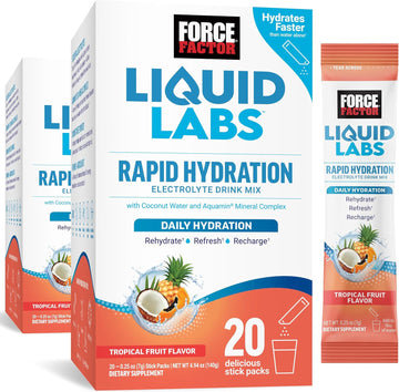 Force Factor Liquid Labs Electrolytes Powder, Hydration Packets To Make Electrolyte Water With 5 Essential Electrolytes, Vitamins, And Antioxidants, Tropical Fruit Flavor, 40 Stick Packs, 2-Pack