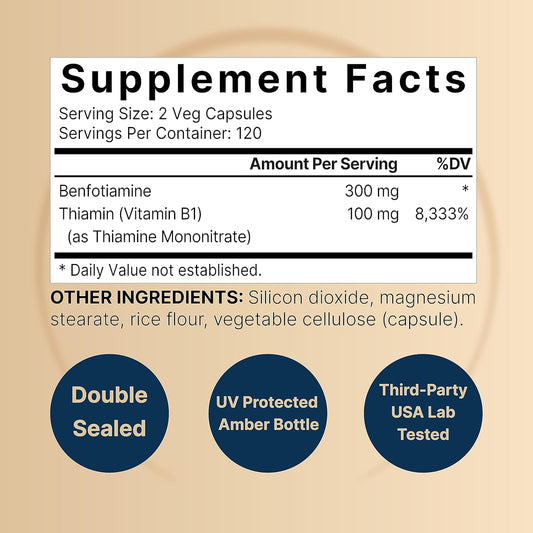 Naturebell Benfotiamine 300Mg With Thiamine 100Mg Per Serving | 240 Veggie Capsules – Essential Vitamin B1 Benfotiamine Supplement – Vegetarian Friendly