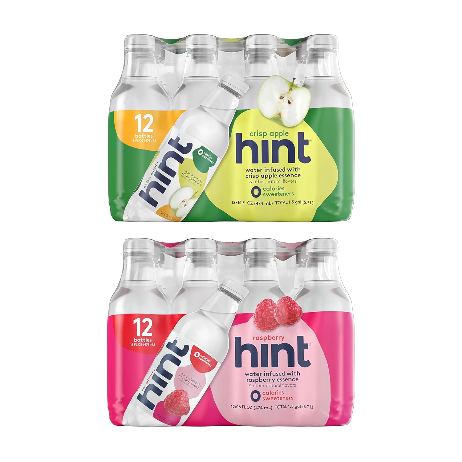 Hint Water Crisp Apple And Hint Water Raspberry (Pack Of 24), 12 Bottles Hint Crisp Apple & 12 Bottles Hint Raspberry, Zero Calories, Zero Sugar And Zero Diet Sweeteners, 16 Ounce Bottles