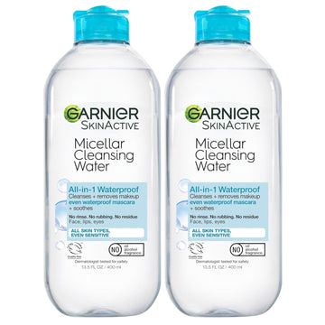 Garnier Micellar Water For Waterproof Makeup, Facial Cleanser & Makeup Remover, 13.5 Fl Oz (400mL), 2 Count (Packaging May Vary)