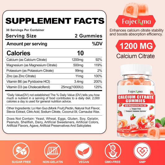 Calcium Citrate Gummies For Women Men: 1200 Calcium Magnesium Zinc With Vitamin D3 B6 Supplement For Adult - Vegan High Absorption Chewable Gummy Energy Support Sugar Free(120Count)