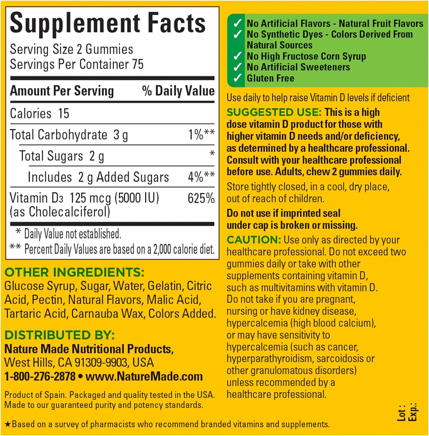 Nature Made Extra Strength Vitamin D3 5000 IU (125 mcg) per serving, Dietary Supplement for Bone, Teeth, Muscle and Immune Health Support, 150 Gummies, 75 Day Supply : Health & Household