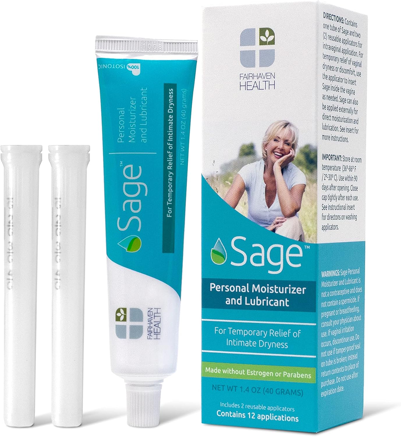 Fairhaven Health Sage Vaginal Moisturizer And Personal Lubricant For Women | 2 Applicators Included | Temporary Relief For Feminine Dryness | Water Based Lube | Paraben Free | 40 Grams