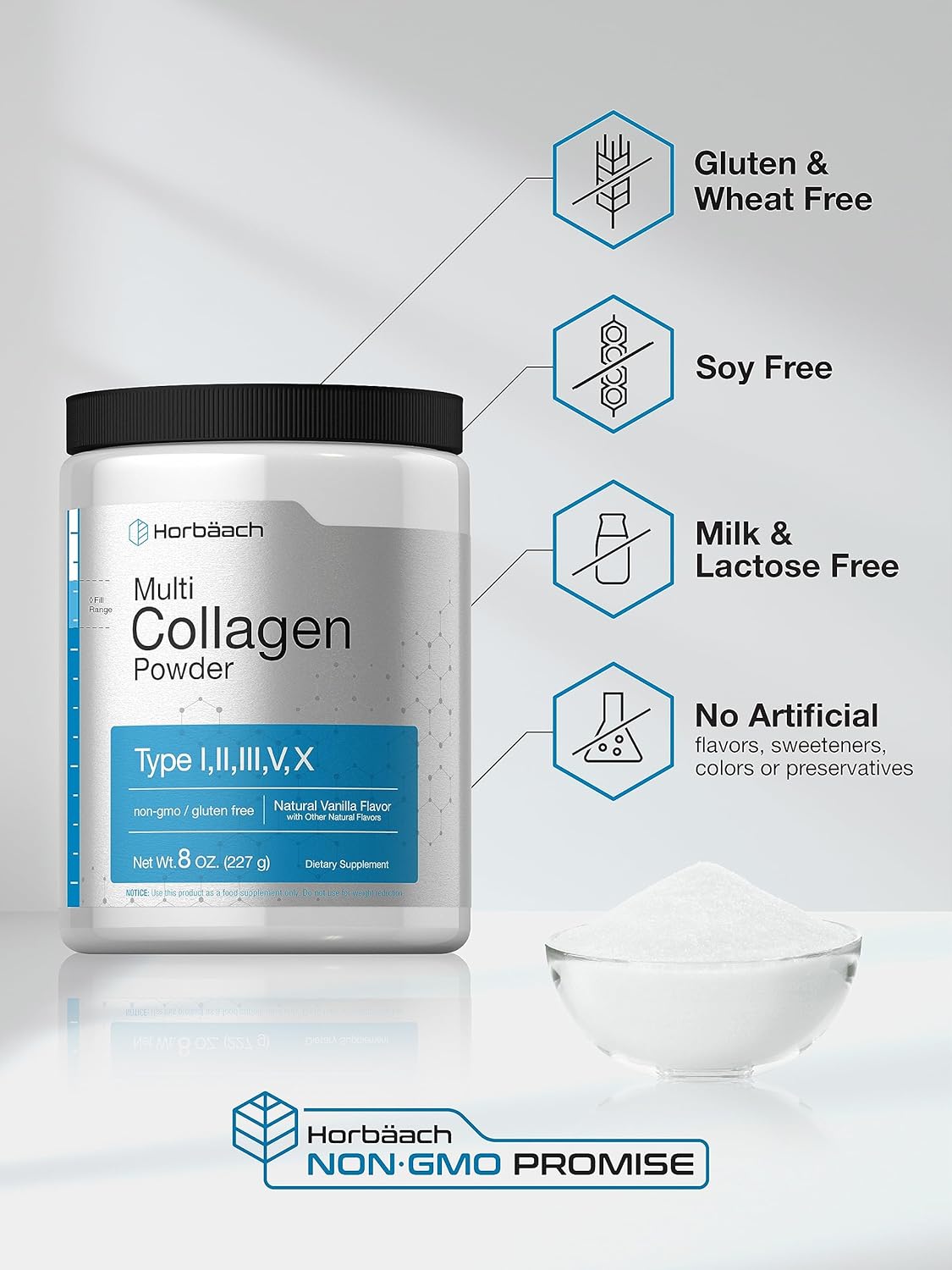 Horbäach Multi Collagen Powder 8oz | Vanilla Flavored | Hydrolyzed Collagen Peptides, Protein Supplement | Non-GMO, Gluten Free by Horbaach : Health & Household