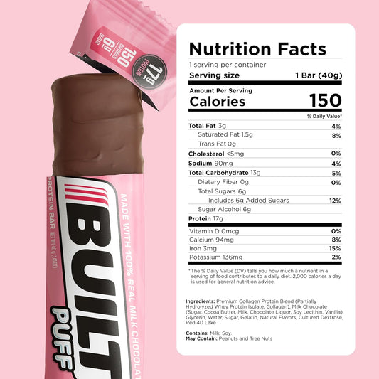 Built Protein Bars, Milk Chocolate Strawberry Puff, 12 Bars, Protein Snacks, 17G Of Protein, Collagen, Chocolate Protein Bar With Only 150 Calories & 6G Sugar, Not Gluten Free, Great Protein Snack