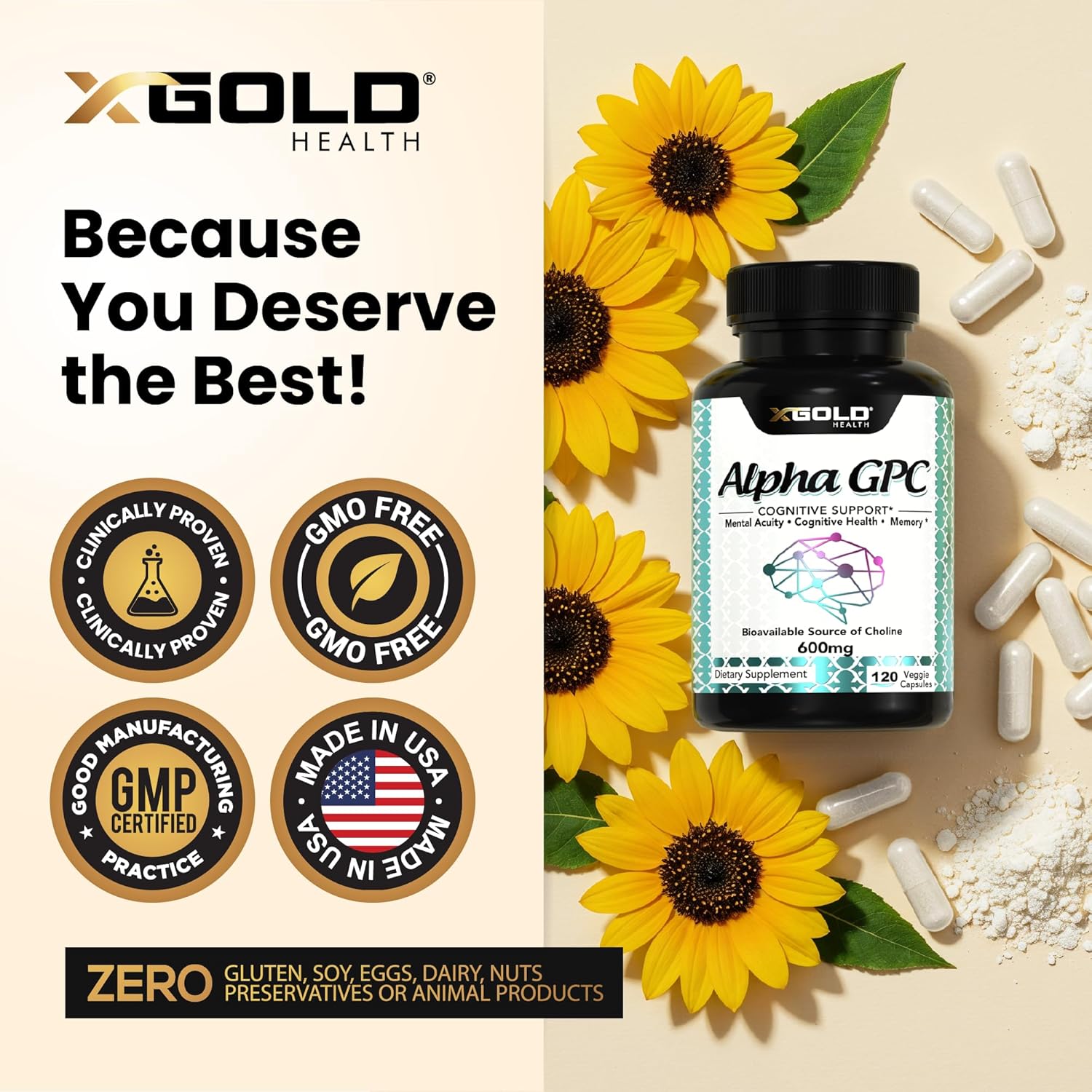 Alpha Gpc Choline Supplement 600Mg, 99%+ Highly Purified, Highly Bioavailable Source Of Choline,120 Veggie Capsules, Cognitive Enhancer Nootropic, Supports Memory & Brain Function, Boosts Focus & Mood : Health & Household