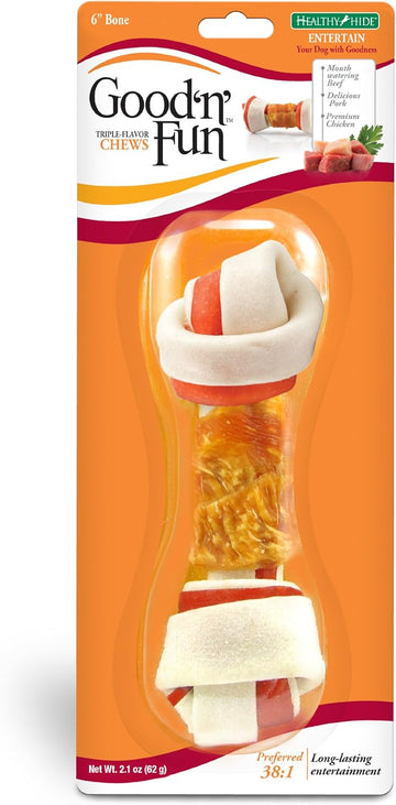 Good'N'Fun Triple Flavor Chews, Rawhide Treats For Dogs, 6-Inch Bone