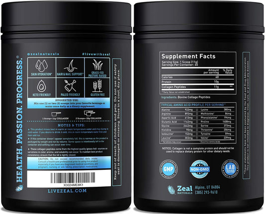 Pure Collagen Peptides Powder (11G | 60 Servings) Grass Fed Pasture-Raised Bovine Collagen Powder Hydrolyzed For Maximum Absorption ; Collagen Supplement For Joint Support, Hair & Skin