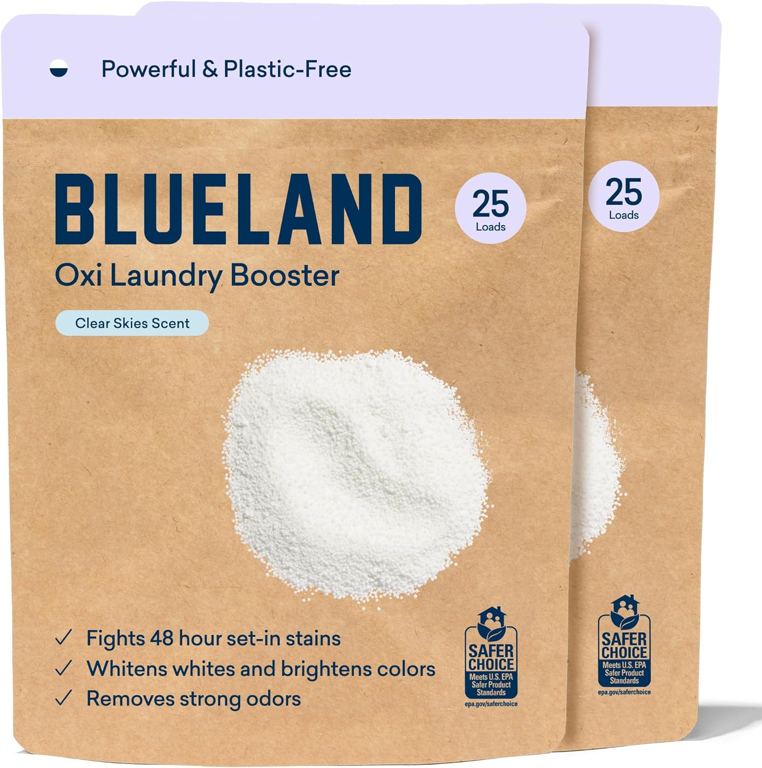 BLUELAND Oxi Laundry Booster Powder Refill 2 Pack - Plastic-Free & Eco Friendly Oxy Cleaner - Plant Based Stain Remover - Clear Skies Scented - 35.2oz, 50 Loads
