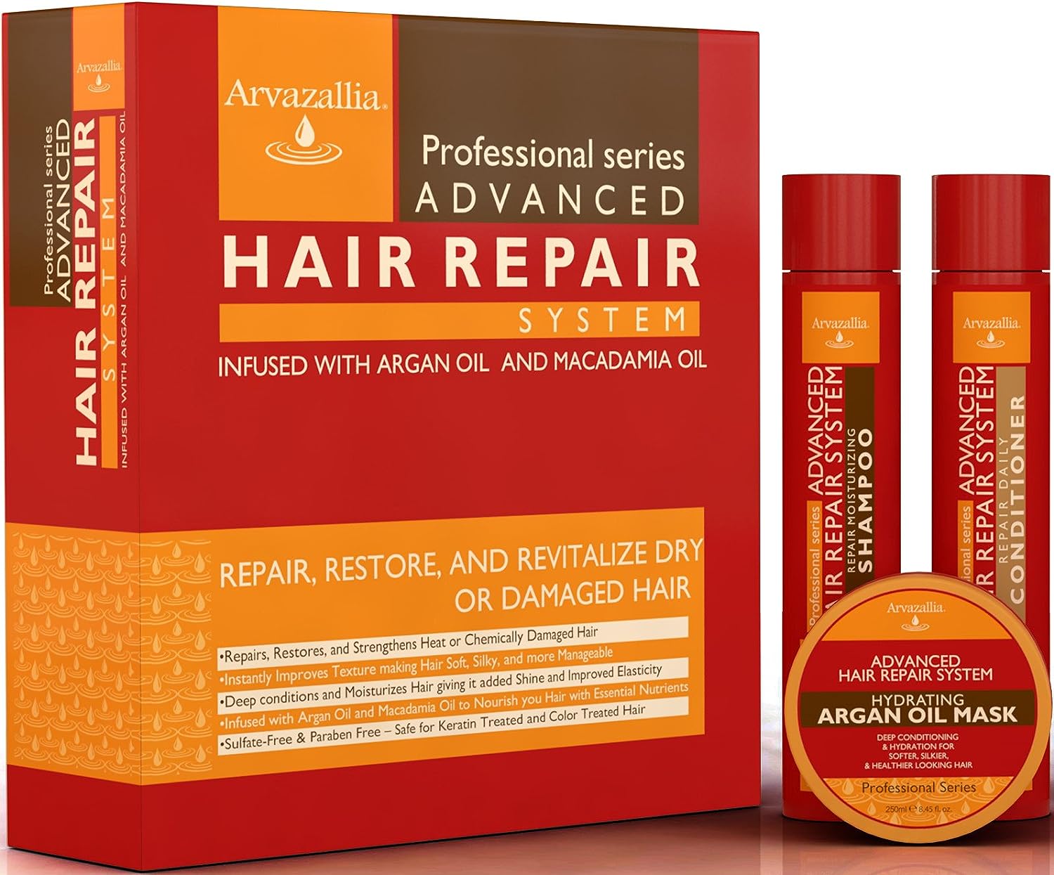 Advanced Hair Repair Shampoo and Conditioner Set with Argan Oil and Macadamia Oil by Arvazallia - Sulfate Free Shampoo, Conditioner, and Deep Conditioner Hair Mask System for Dry or Damaged Hair