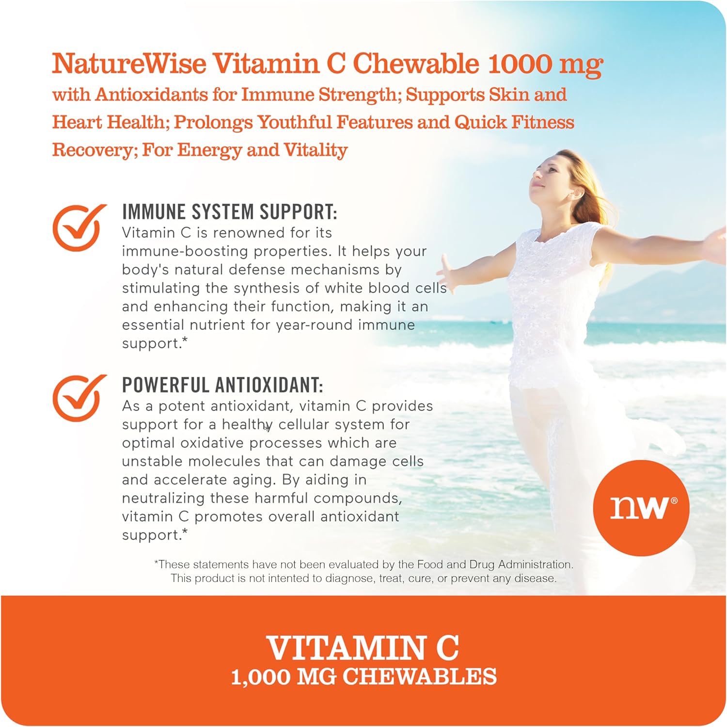 Naturewise Vitamin C 1000Mg Chewable Tablet Supplement - Support For Healthy Immune System & Collagen Synthesis - Vegan, Non-Gmo, Soy & Gluten Free, Orange Flavor - 200 Count[100 Days Supply]