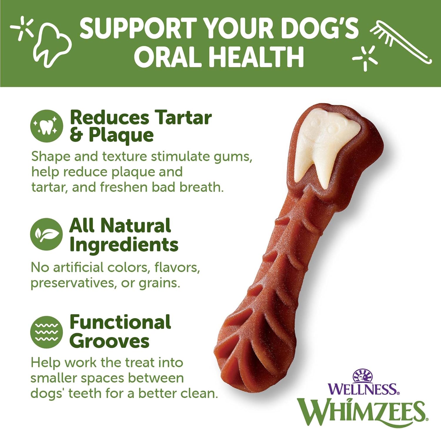 WHIMZEES by Wellness Brushzees Natural Dental Chews for Dogs, Long Lasting Treats, Grain-Free, Freshens Breath, Large Breed, 6 count : Pet Supplies