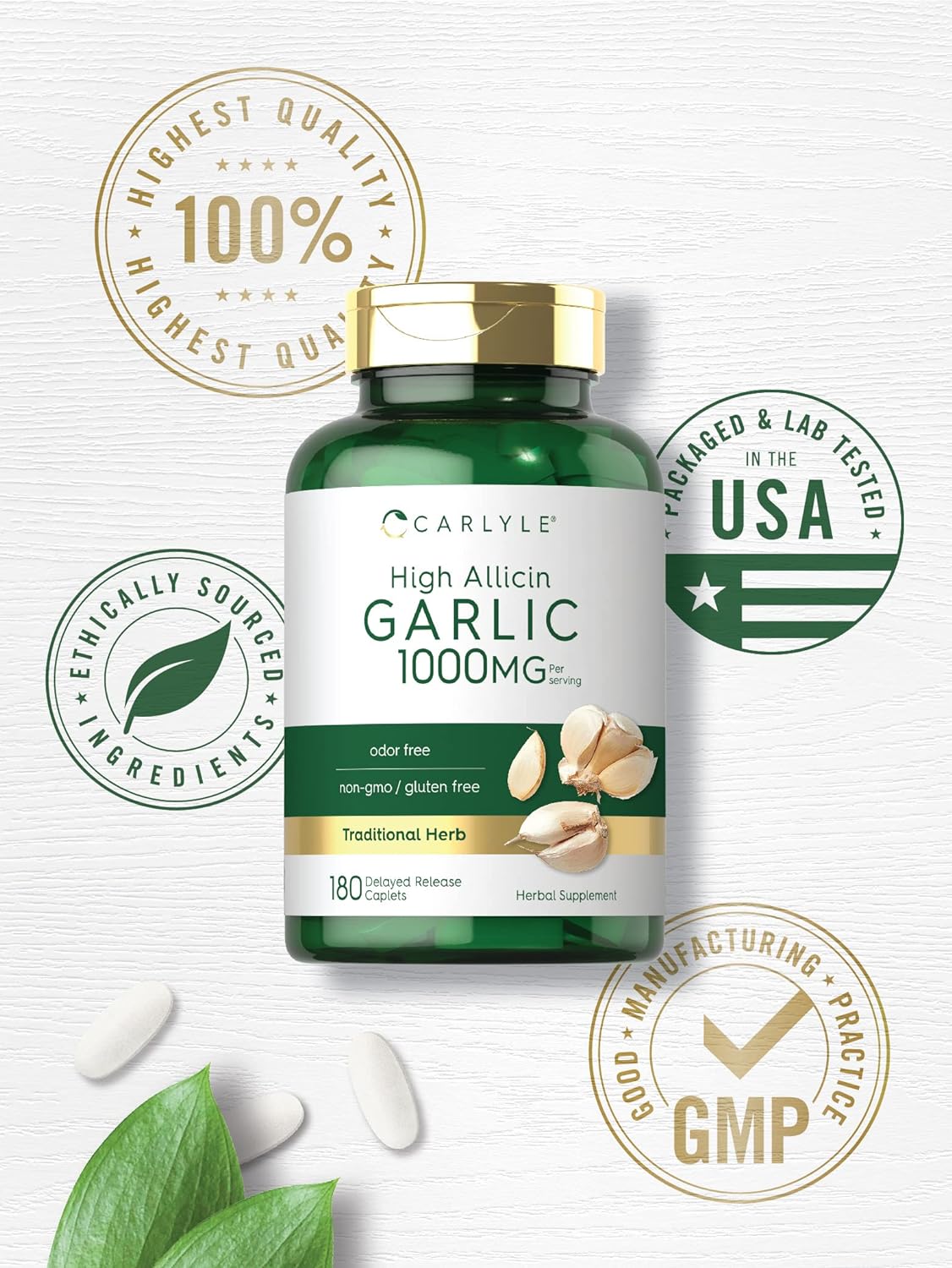 Carlyle Garlic Supplement with High Allicin | 180 Caplets | Odorless Garlic Pills | Vegetarian, Non-GMO, Gluten Free : Health & Household
