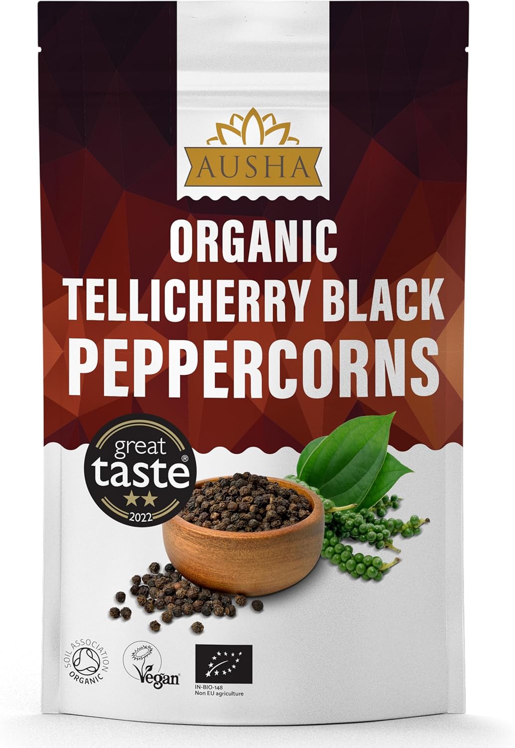 Ausha Organic Tellicherry Black Peppercorns Whole 100G - 2** Great Taste Award - Uk Certifed Organic By Soil Association