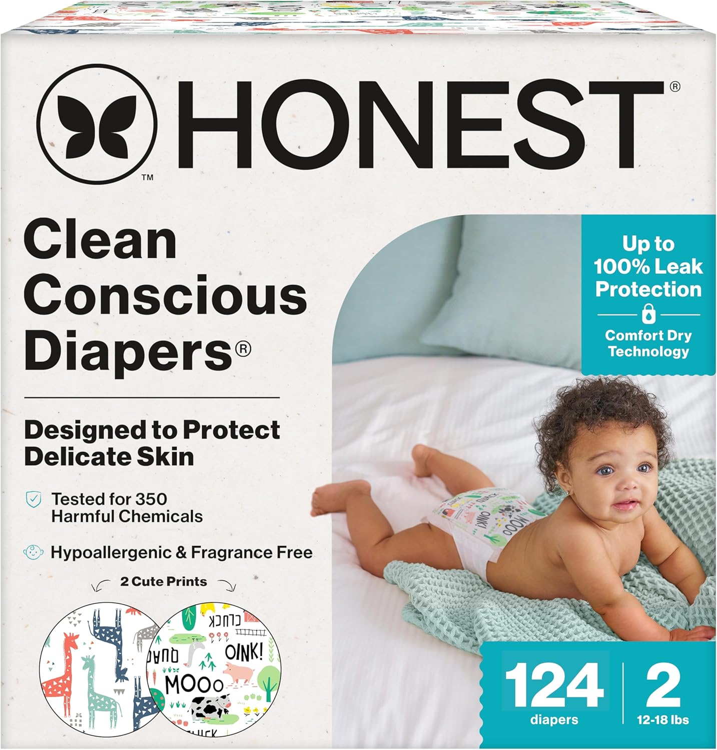 The Honest Company Clean Conscious Diapers For Delicate Skin | Up To 100% Leakproof | Hypoallergenic, Fragrance Free | Gender Neutral | Super Club Box, Size 2 (12-18 Lbs), 124 Count (Prints May Vary)