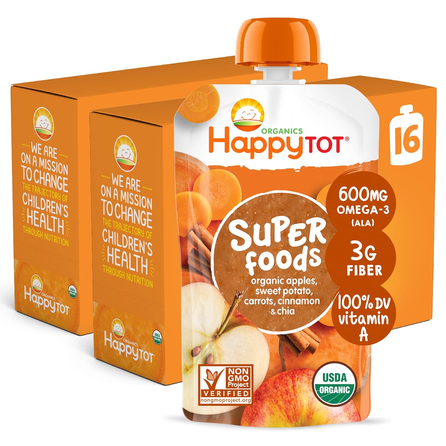 Happy Tot Organics Stage 4 Baby Food Pouches, Gluten Free, Vegan Snack, Superfoods Fruit & Veggie Puree, Apples, Sweet Potatoes, Carrots, Cinnamon & Chia, 4.22 Ounce (Pack Of 16)