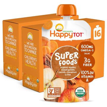 Happy Tot Organics Stage 4 Baby Food Pouches, Gluten Free, Vegan Snack, Superfoods Fruit & Veggie Puree, Apples, Sweet Potatoes, Carrots, Cinnamon & Chia, 4.22 Ounce (Pack Of 16)