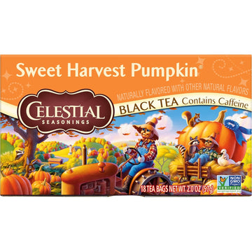 Celestial Seasonings Black Tea, Sweet Harvest Pumpkin, Contains Caffeine, 18 Count (Pack Of 6)