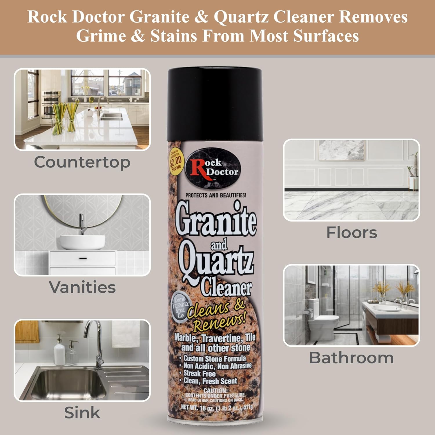 Rock Doctor Granite Cleaner - Cleans& Renews Surfaces - 18 oz Surface Cleaner Spray, Granite/Marble Countertop Cleaner, Cleaning Spray for Vanity, Table Top, Kitchen Counters, Stone Surfaces Pack of 4 : Health & Household