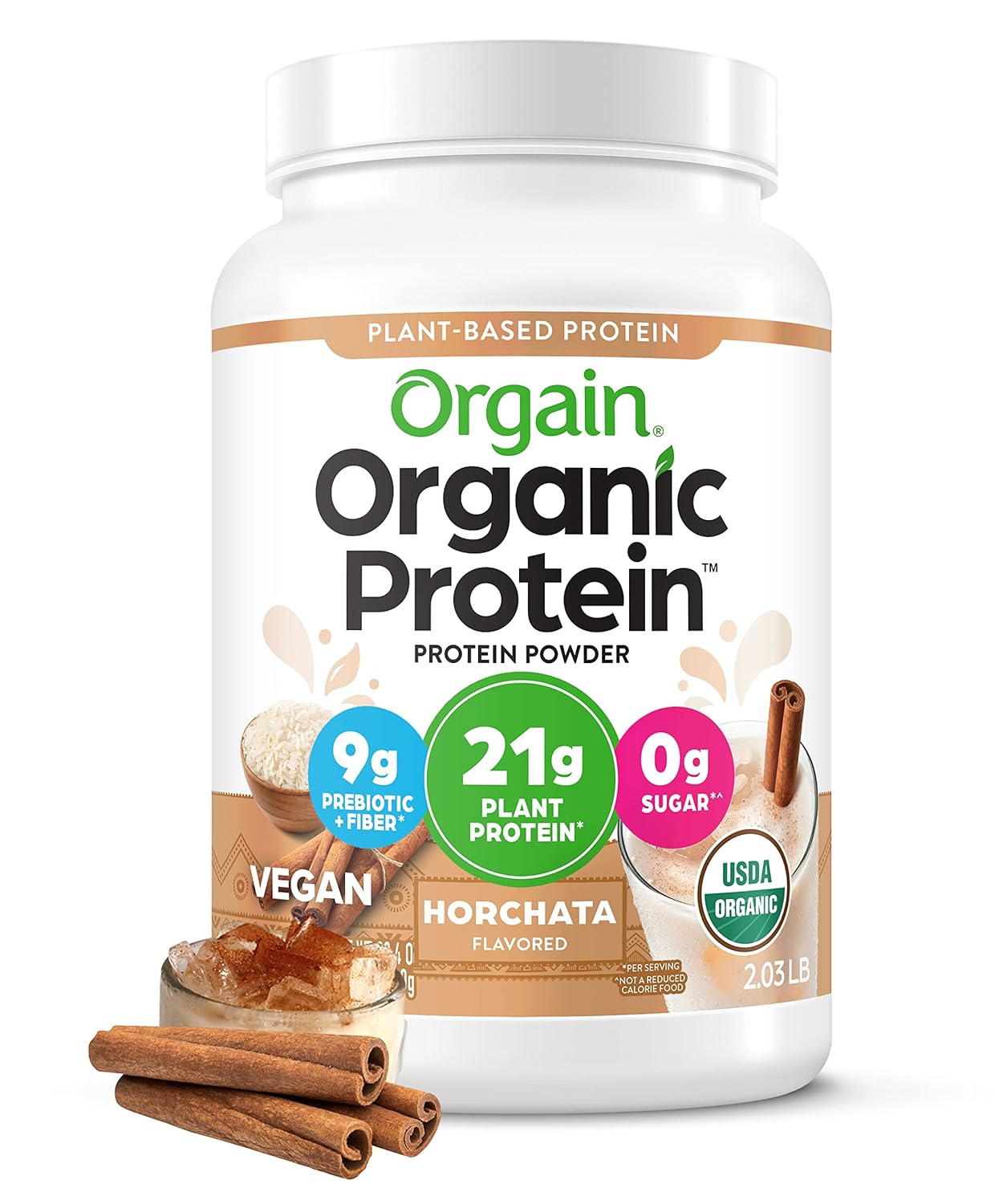 Orgain Organic Vegan Protein Powder, Horchata - 21g of Plant Based Protein, Low Net Carbs, Gluten Free, Lactose No Sugar Added, Soy Kosher, Non-GMO, 2.03 Lb