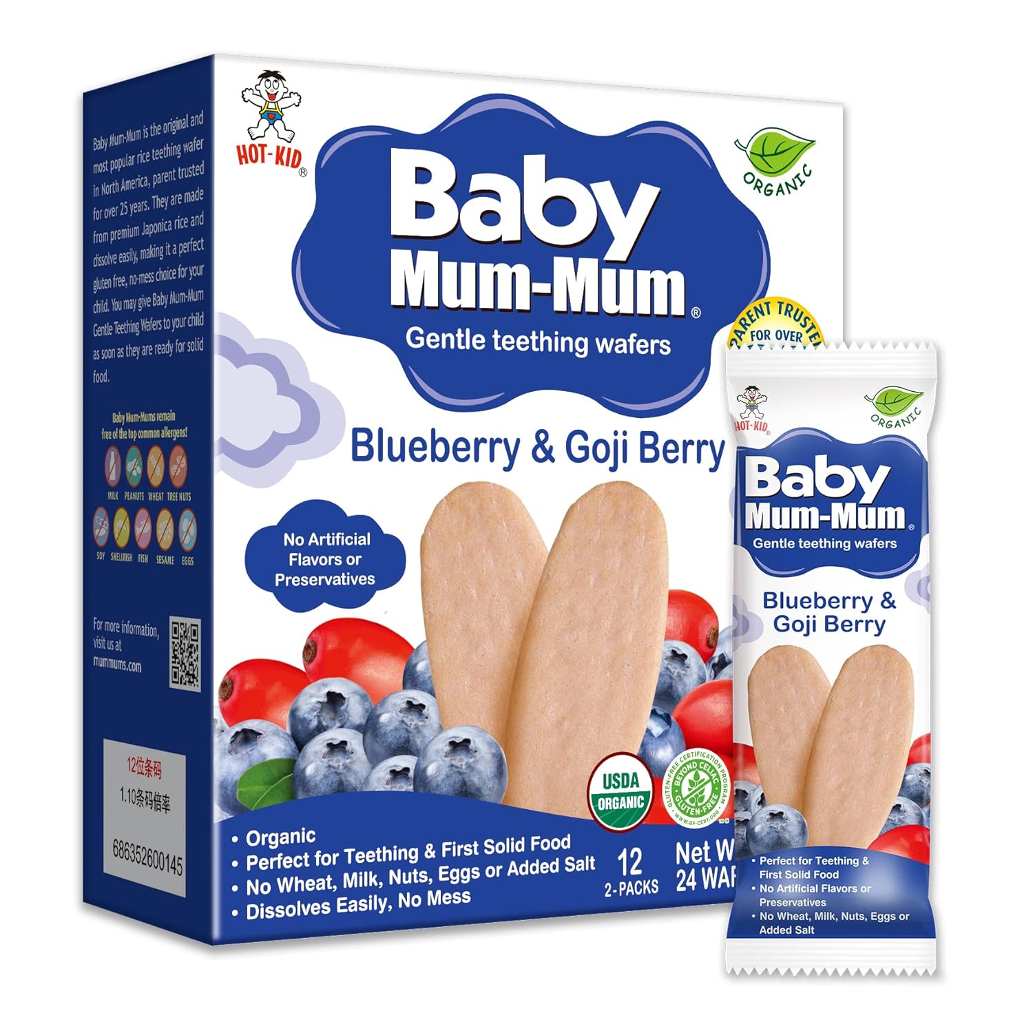 Hot-Kid Baby Mum-Mum Rice Rusks, Organic Blueberry & Goji, 24 Pieces (Pack of 6)