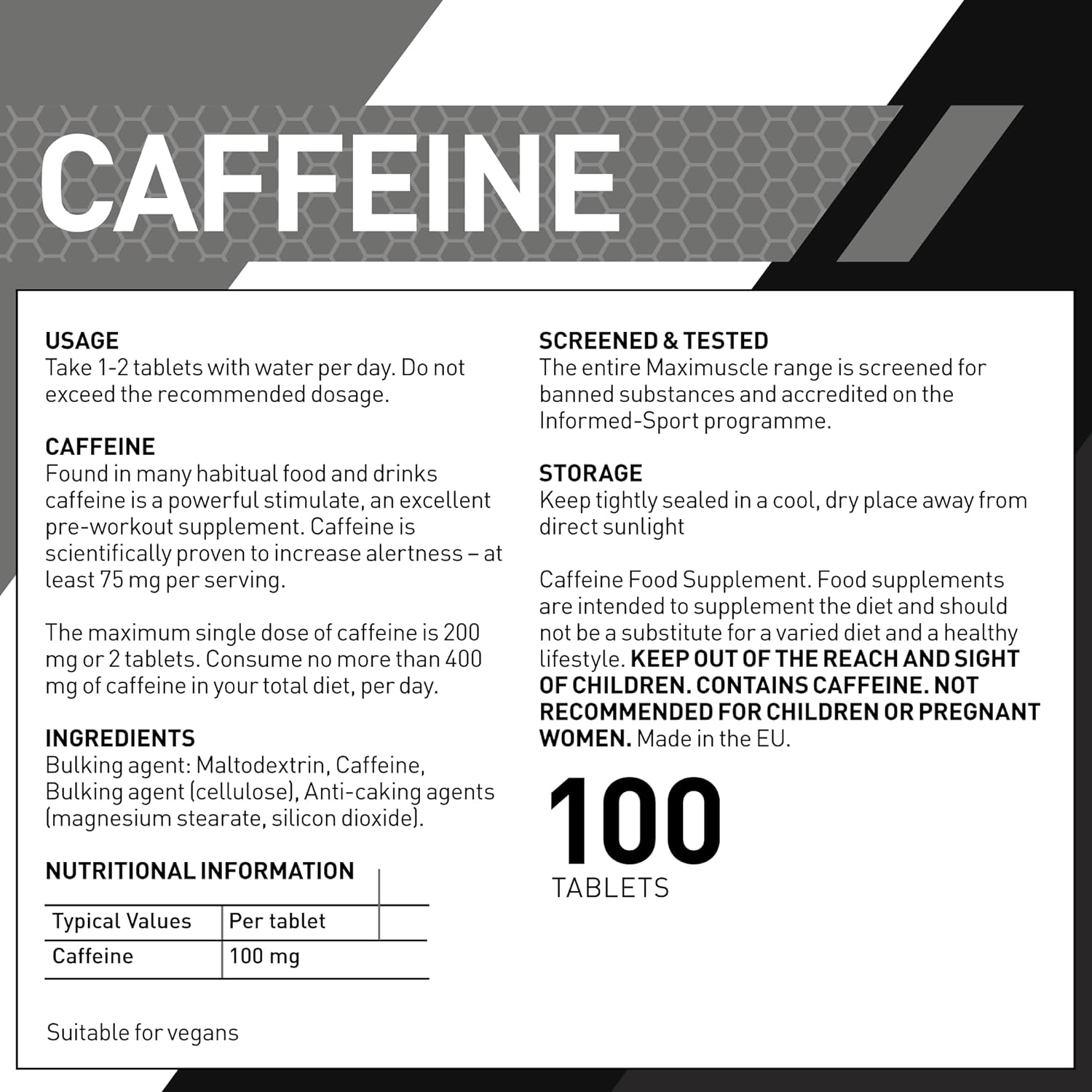 MaxiNutrition Caffeine Tablets 100mg 100'S, Performance Support, Pre-Workout Boost : Amazon.co.uk: Health & Personal Care