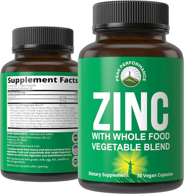 Vegan Zinc Supplement With Vitamin C + Whole Food Blend Of 25 Vegetables And Fruits For Max Absorption. Zinc Supplements 30Mg Capsules, Pills, Tablets, Vitamins For Adults Both Men And Women