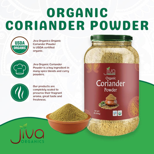 Jiva Organic Coriander Powder 1 Pound Large Jar (16oz) - Pure, Non-GMO, Lab Tested, 100% Raw Ground Coriander from India