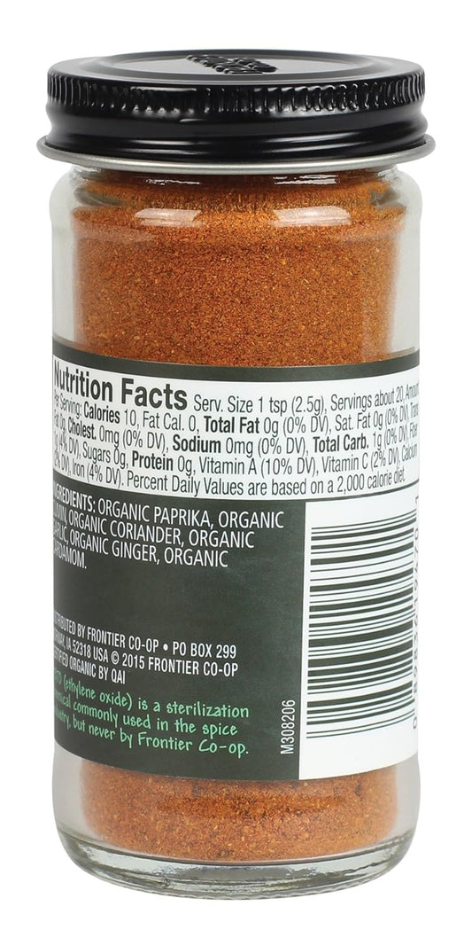 Frontier Co-Op Organic Tandoori Masala Seasoning, 1.8 Ounce Jar, Paprika, Cumin, Coriander, Garlic, Ginger, Cardamom, Kosher