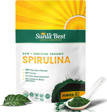 Sunlit Best USDA Organic Spirulina Powder - Blue-Green Algae, Raw & Vegan Source of Protein & Chlorophyll | Non-GMO & Gluten-Free Superfood Energy Drink | Gut Health & Immune Support Supplement, 8 oz