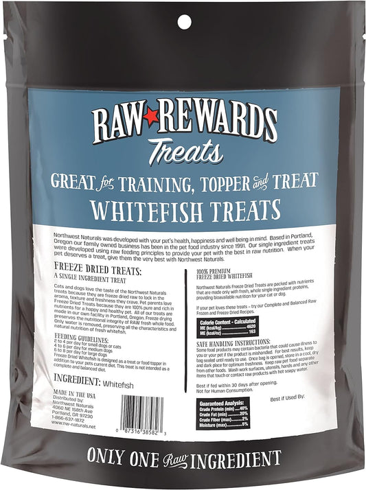 Northwest Naturals Raw Rewards Freeze-Dried Whitefish Treats for Dogs and Cats - Bite-Sized Pieces - Healthy, 1 Ingredient, Human Grade Pet Food, All Natural - 10 Oz (Packaging May Vary)