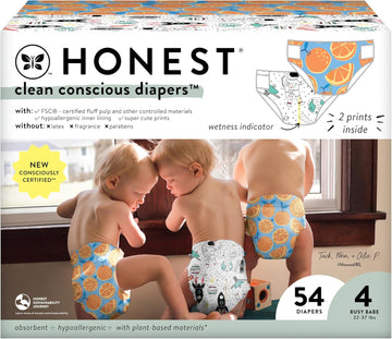 The Honest Company Clean Conscious Diapers | Plant-Based, Sustainable | Space Travel + Orange You Cute | Club Box, Size 4 (22-37 Lbs), 54 Count