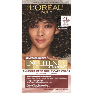 L’Oréal Paris Excellence Universal Nudes Permanent Hair Color, Ammonia Free Hair Dye For Gray Hair Coverage, 4N Natural Dark Brown, 1 Hair Dye Kit