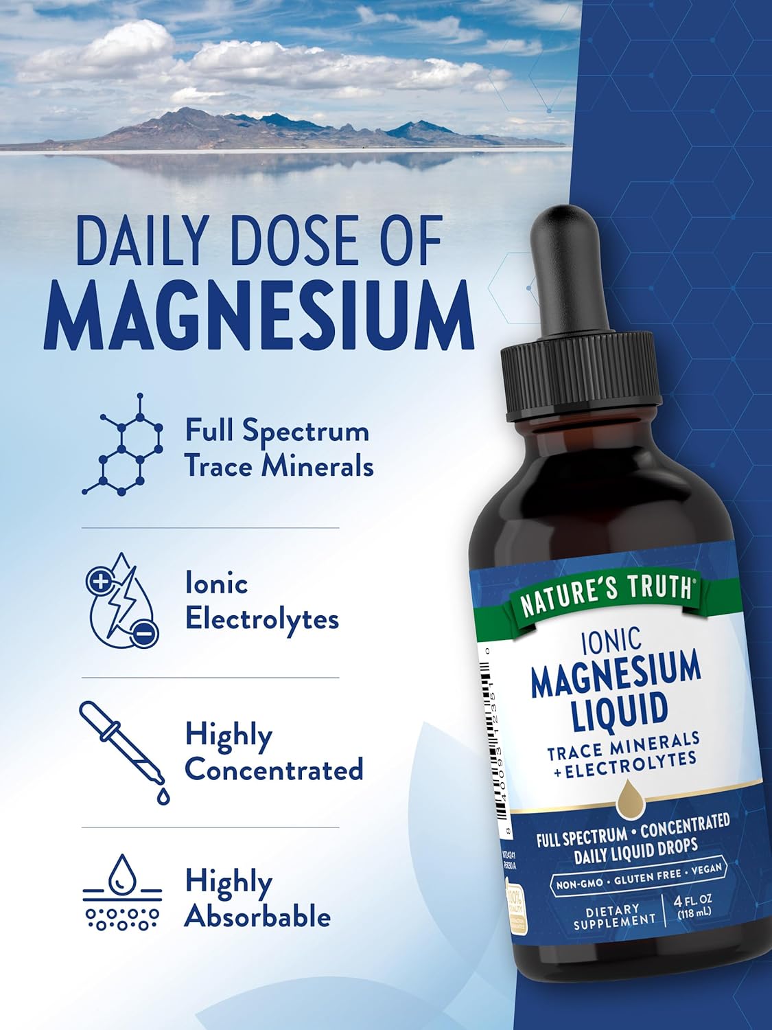 Nature's Truth Ionic Magnesium Liquid Drops | 200mg | 4 Fluid Ounces | with Electrolytes & Trace Minerals | Vegan, Non-GMO & Gluten Free Supplement : Health & Household