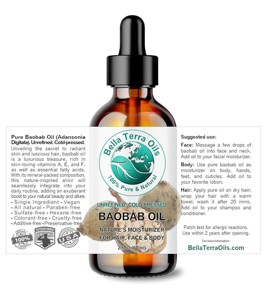 Bella Terra Oils - Baobab Oil 2 oz - Cold-Pressed Purity, Rich in Vitamin C & E, Omega-3, 6, 9 Fatty Acids, Ultimate Elixir for Nourished, Radiant Skin