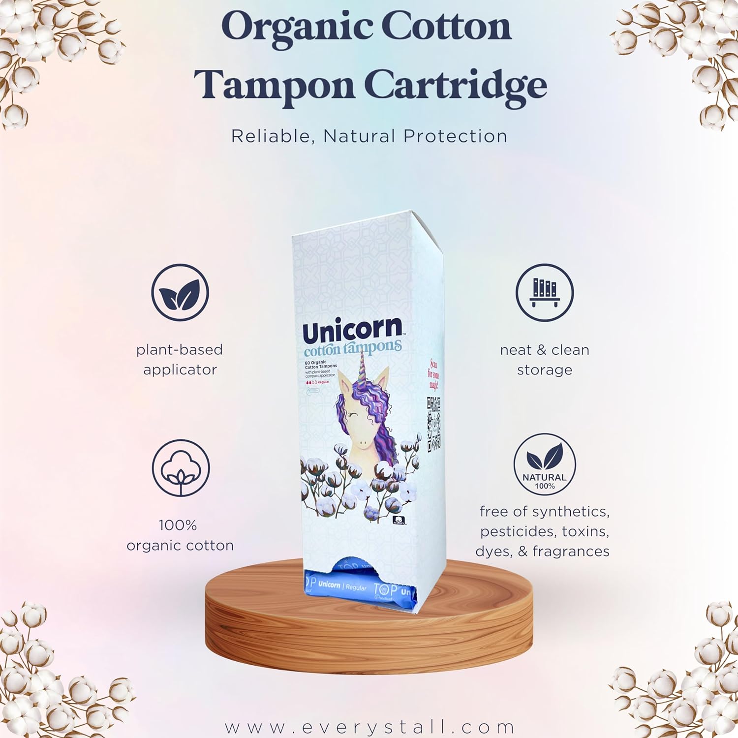 UNICORN Tampons, Organic Plant-Based Compact Applicator Regular Cotton Tampon Cartridge (60 Count, Pack of 1) : Health & Household