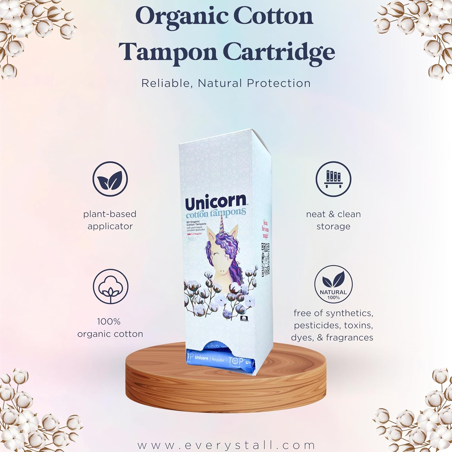 UNICORN Tampons, Organic Plant-Based Compact Applicator Regular Cotton Tampon Cartridge (60 Count, Pack of 6) : Health & Household