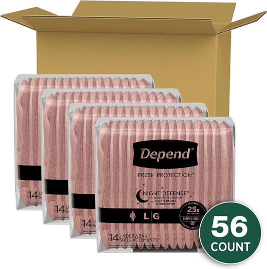 Depend Night Defense Adult Incontinence & Postpartum Bladder Leak Underwear For Women, Disposable, Overnight, Large, Blush, 56 Count (4 Packs Of 14), Packaging May Vary