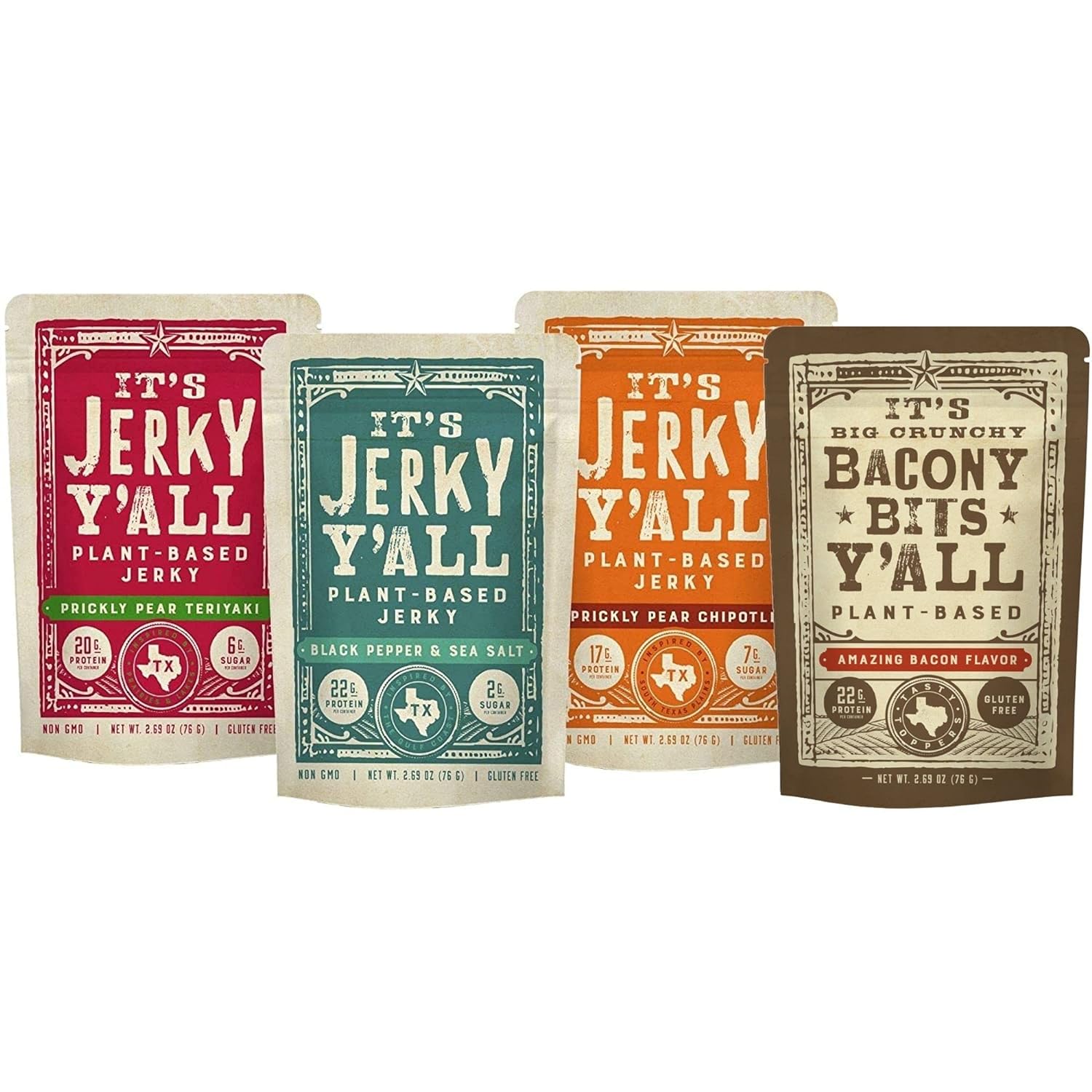 It's Jerky Y'all Plant Based Jerky and Bacon Bits Variety Pack | Beyond Tender Jerky and Crunchy Bacon Vegan Snacks | Non-GMO, Gluten Free, Vegetarian (4 Pack)
