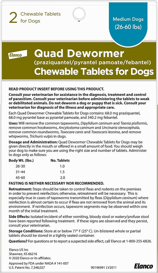 Elanco Chewable Quad Dewormer For Medium Dogs, 26-60 Lbs, 2 Chewable Tablets