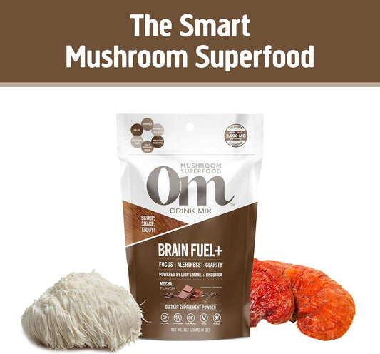 Om Mushroom Superfood Brain Fuel Plus Mushroom Powder Drink Mix, Mocha avor, 4 , 15 Servings, Lions Mane & Rhodiola, Memory & Focus Support Supplement