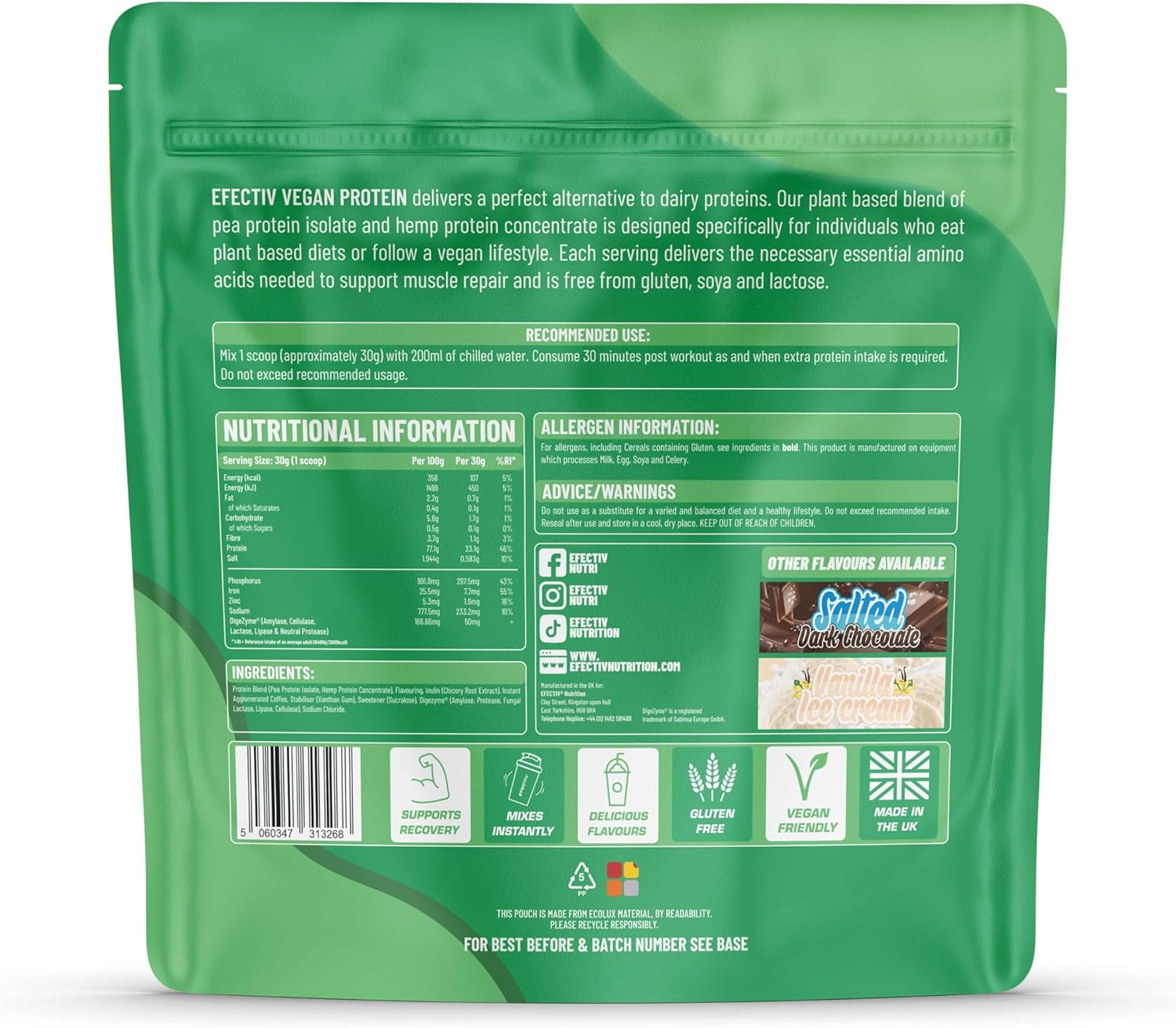 Efectiv Vegan Protein Powder 900g - Biscuit Spread 23g Protein - Dairy, Gluten & Soy Free - Low Sugar Plant Based Protein Powder with Digestive Enzymes & Recyclable Packaging (30 Servings) : Amazon.co.uk: Health & Personal Care