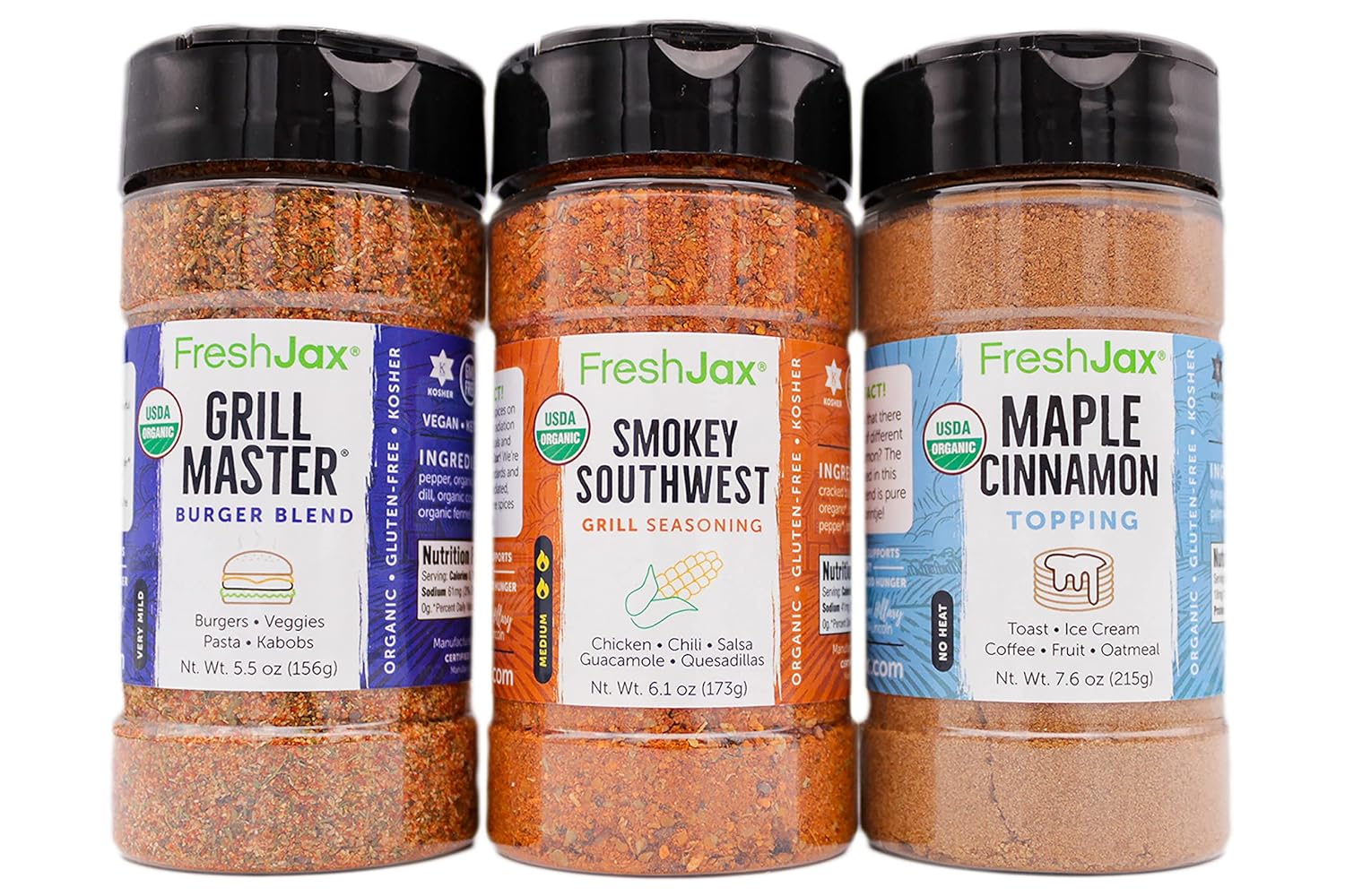 FreshJax Organic Seasoning Variety Pack - Grilling Spice Gift Set | 3 Large Bottles | Grill Master Burger Blend, Smokey Southwest, Maple Cinnamon | Handcrafted in Jacksonville